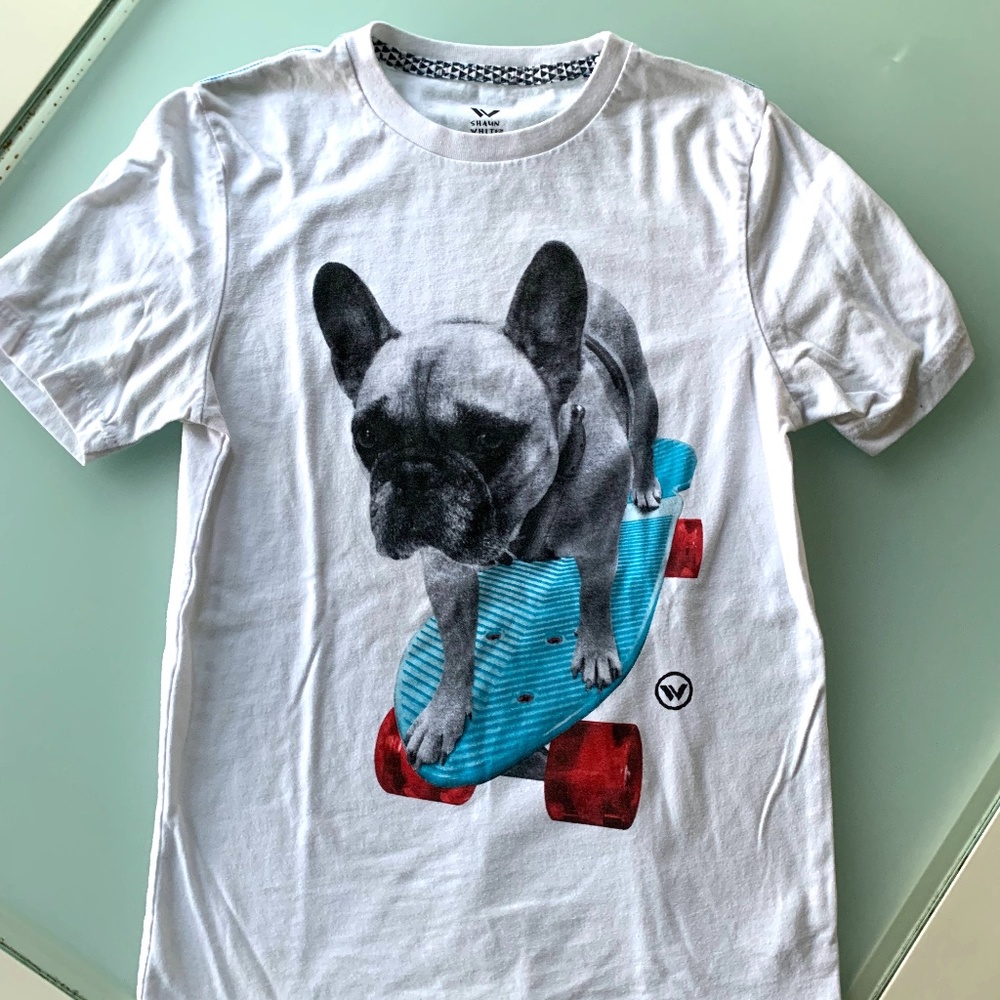 Shaun White (famed skateboard pro) pug on a skateboard t-shirt